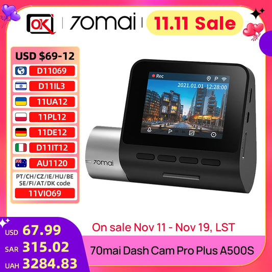 70mai Dash Cam Pro Plus A500S Built-in GPS ADAS,wifi Car DVR 1944PHD Recoeding Support Rear Cam 24H Parking Monitor,Night Vision